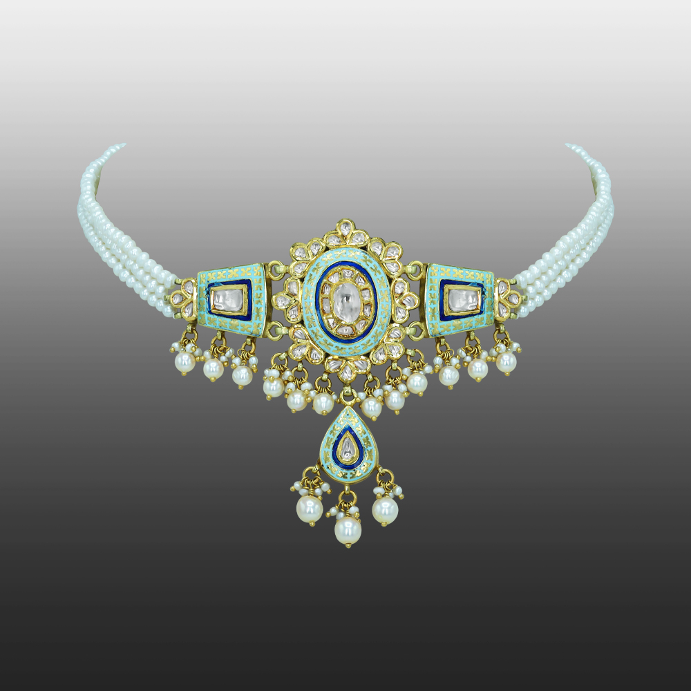 Mint Enamel Choker with Polki Diamonds and Pearls